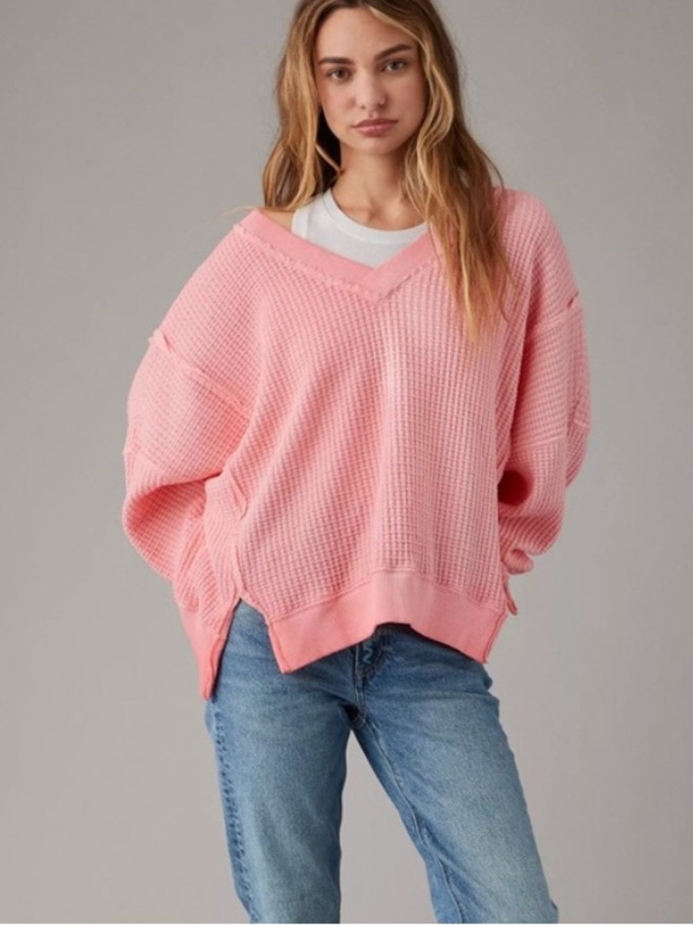 American Eagle Seriously Lived In pink waffle-knit V-neck oversized sweater